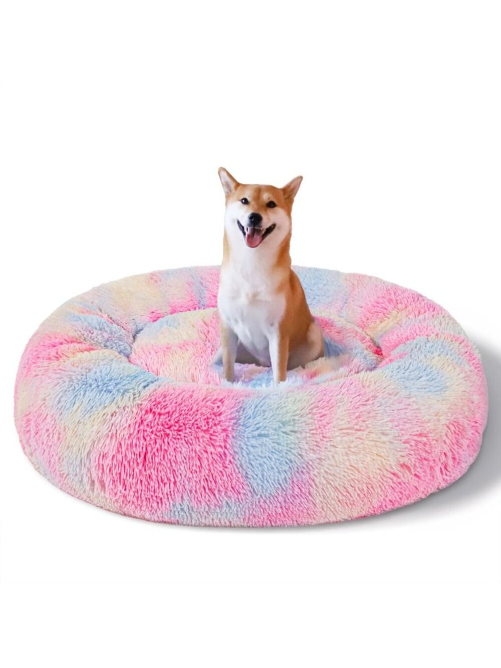 Exclusivo Mezcla Calming Donut Pet Bed Small Dogs 20" Anti-Anxiety Plush Rainbow